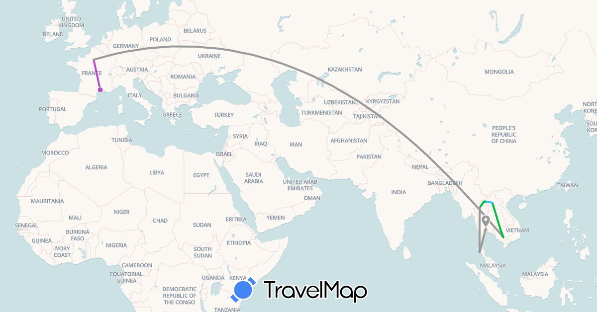 TravelMap itinerary: driving, bus, plane, train, boat in France, Cambodia, Laos, Thailand (Asia, Europe)